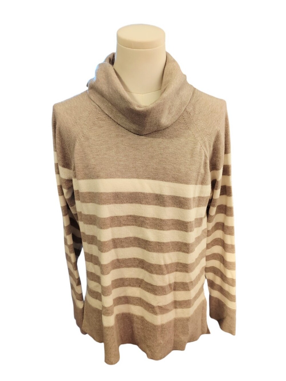 Cyrus Super Soft Cowl Turtleneck Striped Taupe Cream Neutral Sweater Size Large